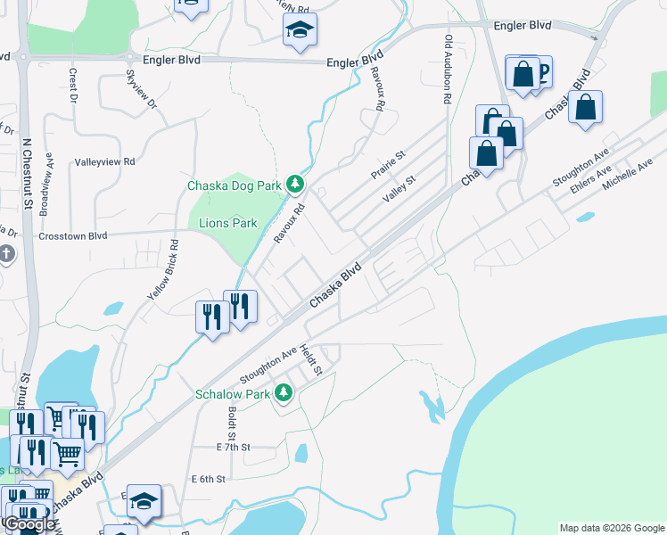 map of restaurants, bars, coffee shops, grocery stores, and more near 1055 Stoughton Avenue in Chaska