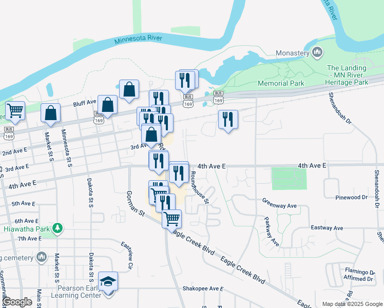 map of restaurants, bars, coffee shops, grocery stores, and more near 341 Shawnee Trail in Shakopee
