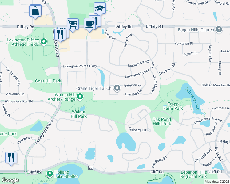 map of restaurants, bars, coffee shops, grocery stores, and more near 4404 Hamilton Drive in Eagan