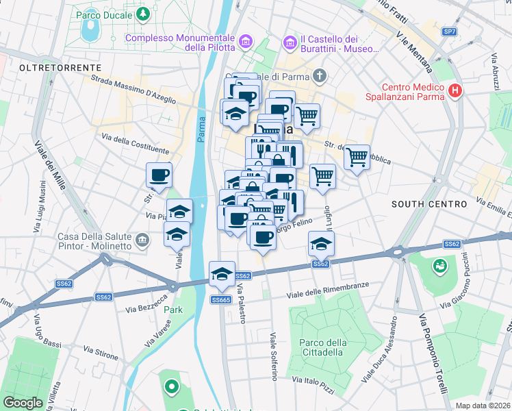 map of restaurants, bars, coffee shops, grocery stores, and more near 52A Strada Luigi Carlo Farini in Parma