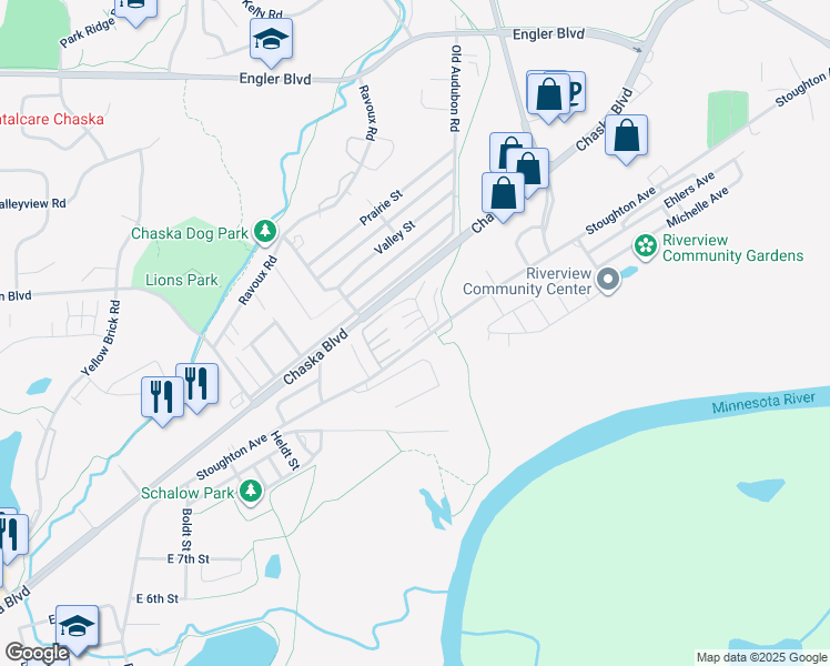 map of restaurants, bars, coffee shops, grocery stores, and more near 1206 Crystal Place East in Chaska