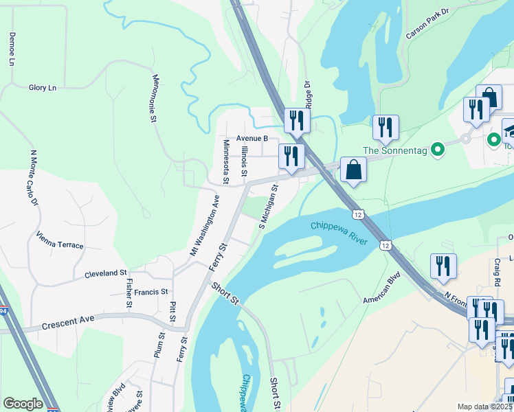 map of restaurants, bars, coffee shops, grocery stores, and more near 1499 1st Reserve in Eau Claire