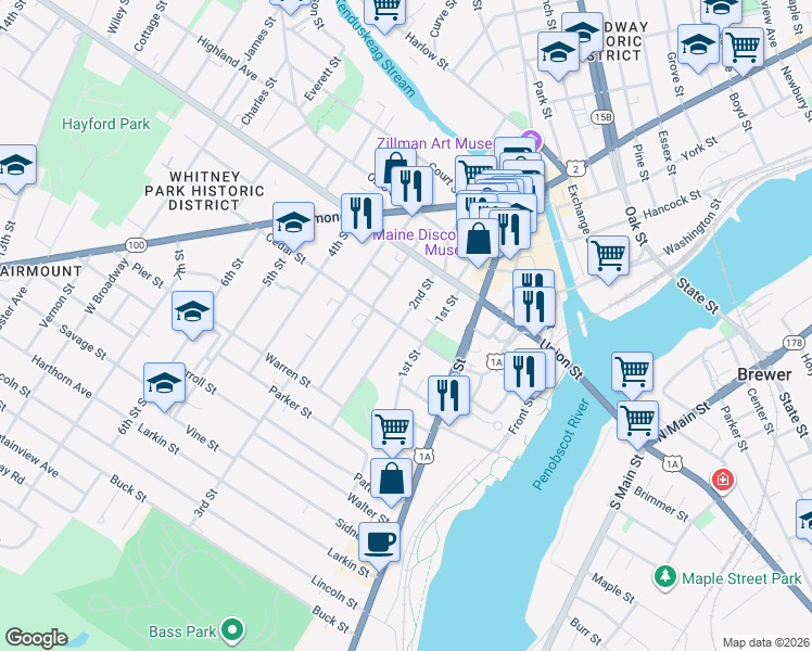 map of restaurants, bars, coffee shops, grocery stores, and more near 45 1st Street in Bangor