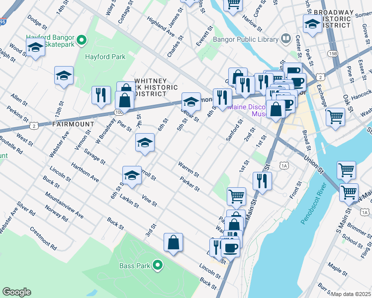 map of restaurants, bars, coffee shops, grocery stores, and more near 120 4th Street in Bangor