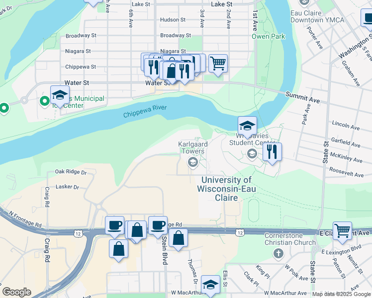 map of restaurants, bars, coffee shops, grocery stores, and more near 610 Hilltop Circle in Eau Claire