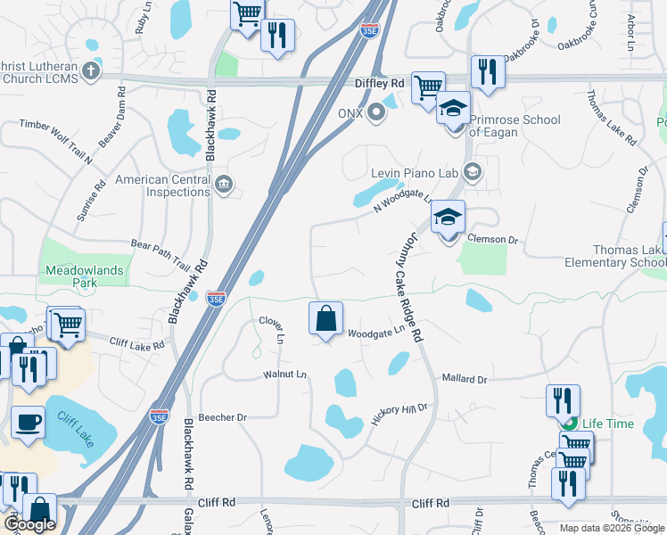 map of restaurants, bars, coffee shops, grocery stores, and more near 1750 Drake Drive in Eagan