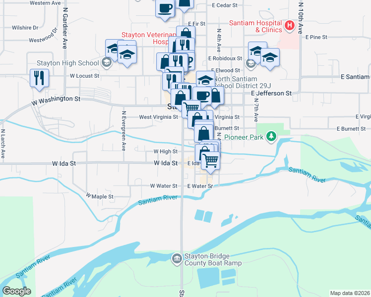 map of restaurants, bars, coffee shops, grocery stores, and more near 129 West Ida Street in Stayton