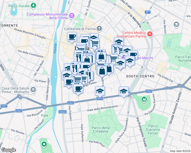 map of restaurants, bars, coffee shops, grocery stores, and more near 14-56 Borgo Felino in Parma