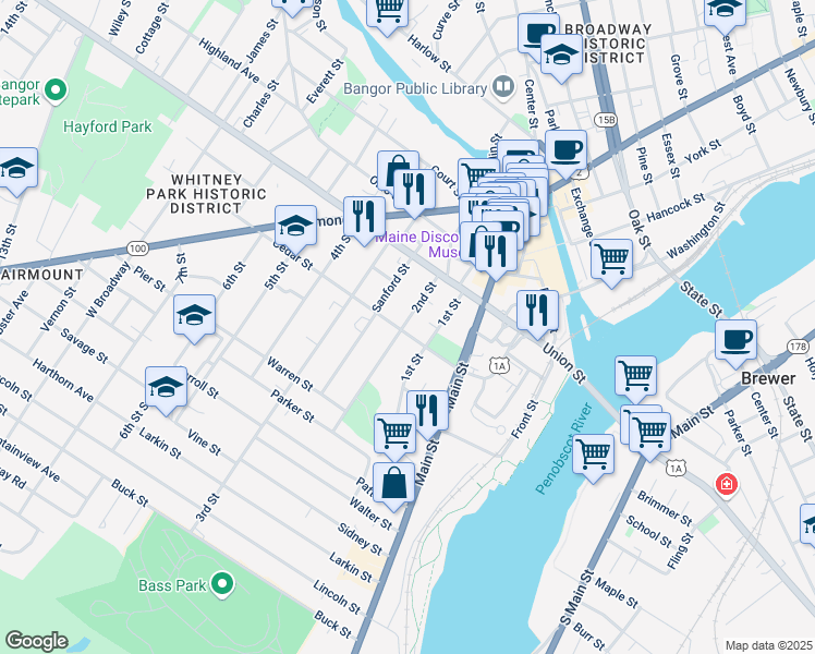 map of restaurants, bars, coffee shops, grocery stores, and more near 100 2nd Street in Bangor