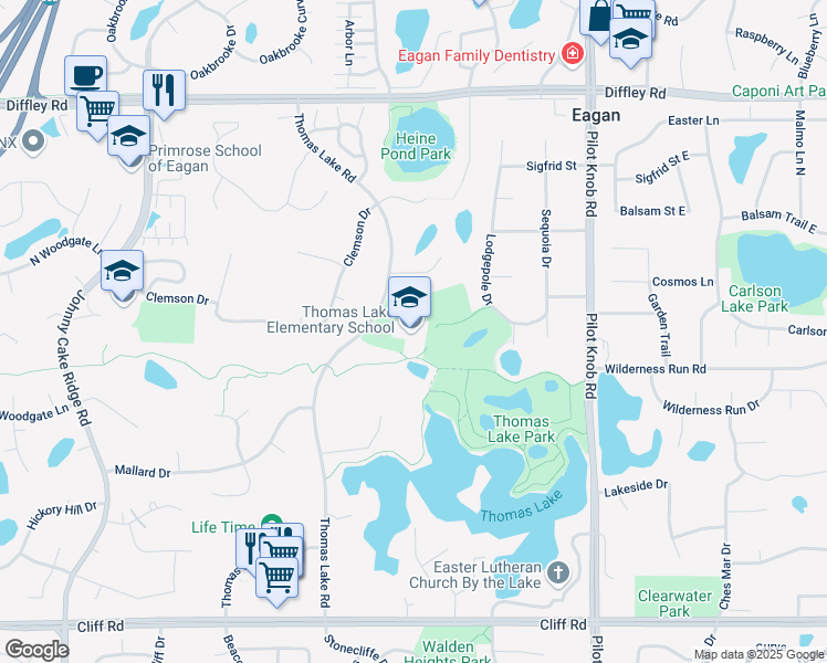 map of restaurants, bars, coffee shops, grocery stores, and more near 4350 Thomas Lake Road in Eagan