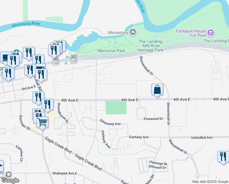 map of restaurants, bars, coffee shops, grocery stores, and more near 1700-1852 4th Avenue East in Shakopee