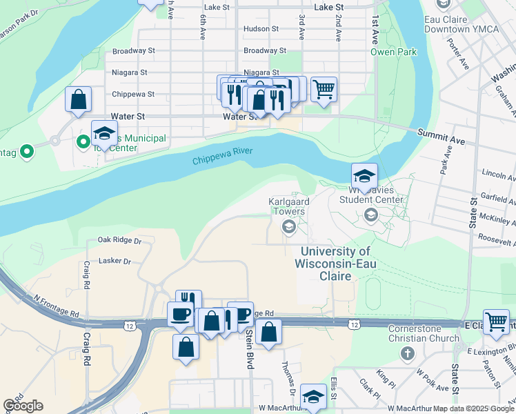 map of restaurants, bars, coffee shops, grocery stores, and more near 610 Hilltop Circle in Eau Claire