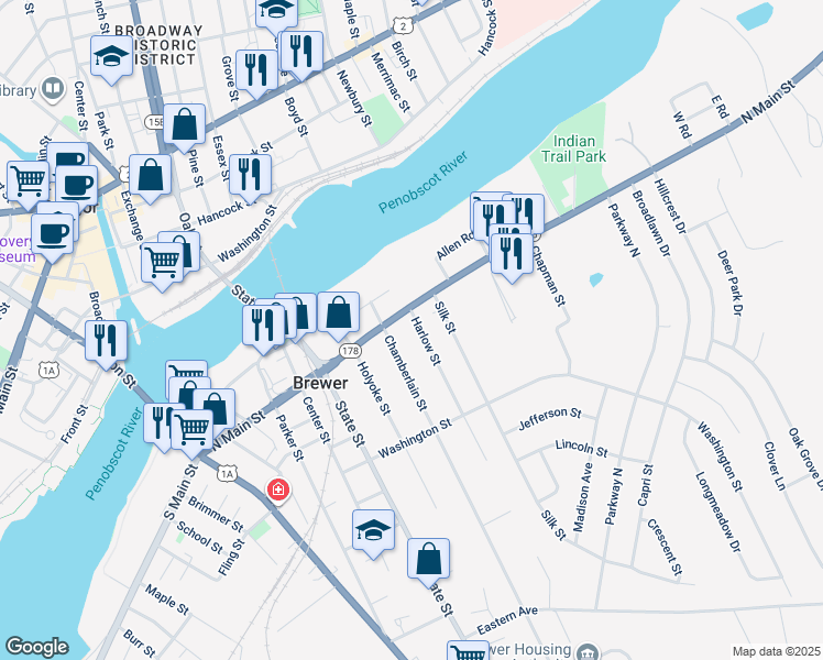 map of restaurants, bars, coffee shops, grocery stores, and more near 32 Chamberlain Street in Brewer
