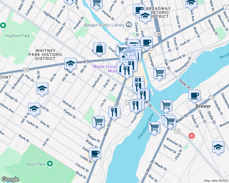 map of restaurants, bars, coffee shops, grocery stores, and more near 232 Main Street in Bangor