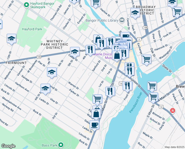 map of restaurants, bars, coffee shops, grocery stores, and more near 64 2nd Street in Bangor