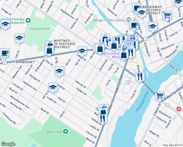 map of restaurants, bars, coffee shops, grocery stores, and more near 93 Sanford Street in Bangor