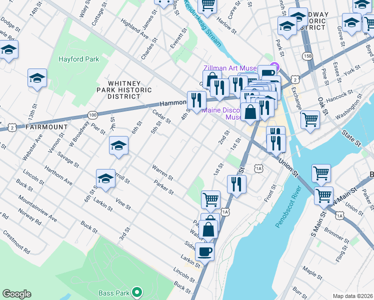 map of restaurants, bars, coffee shops, grocery stores, and more near 93 Sanford Street in Bangor