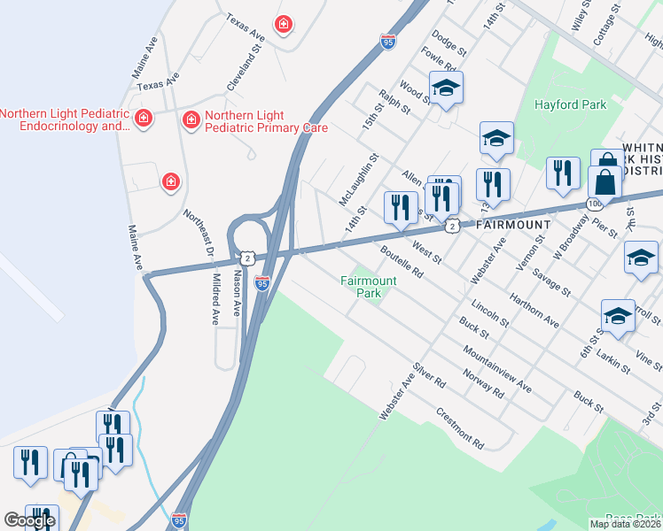 map of restaurants, bars, coffee shops, grocery stores, and more near 47 Norway Road in Bangor