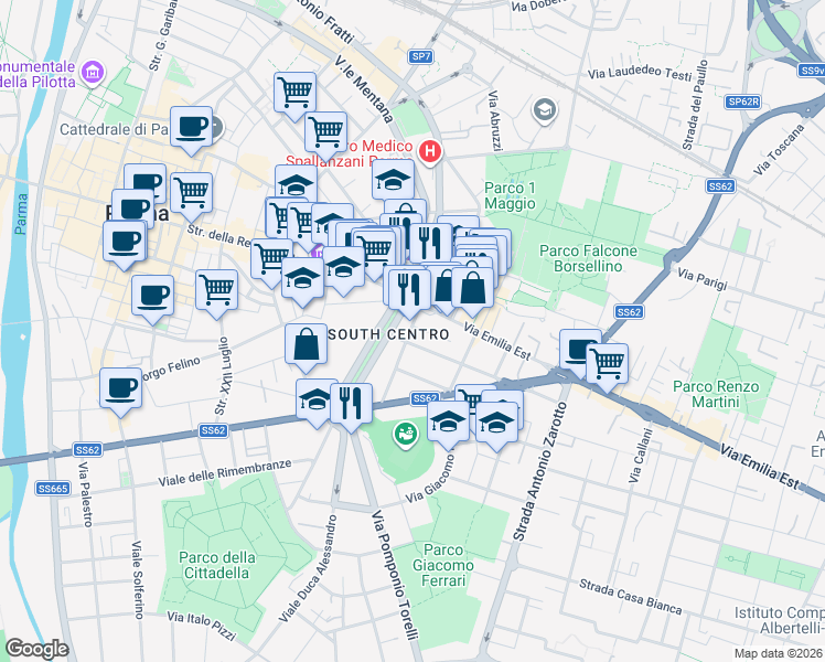 map of restaurants, bars, coffee shops, grocery stores, and more near Via Niccolò Paganini in Parma