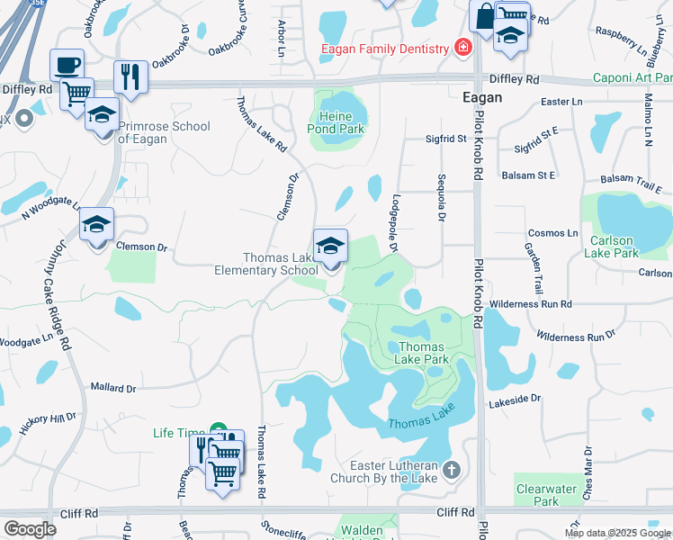 map of restaurants, bars, coffee shops, grocery stores, and more near 4350 Thomas Lake Road in Eagan