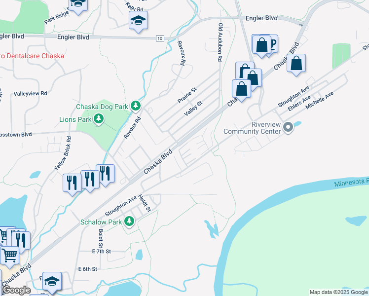map of restaurants, bars, coffee shops, grocery stores, and more near 1209 Parallel Street in Chaska