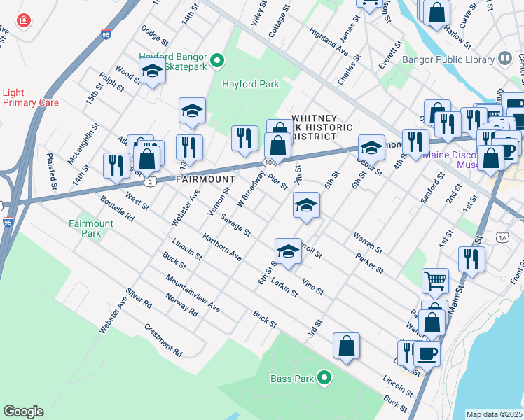 map of restaurants, bars, coffee shops, grocery stores, and more near 43 Bowdoin Street in Bangor