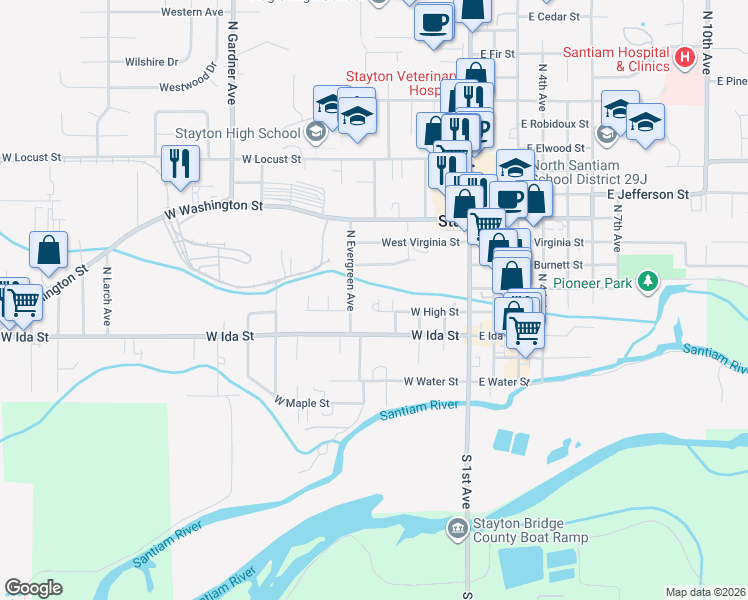 map of restaurants, bars, coffee shops, grocery stores, and more near 455 West High Street in Stayton