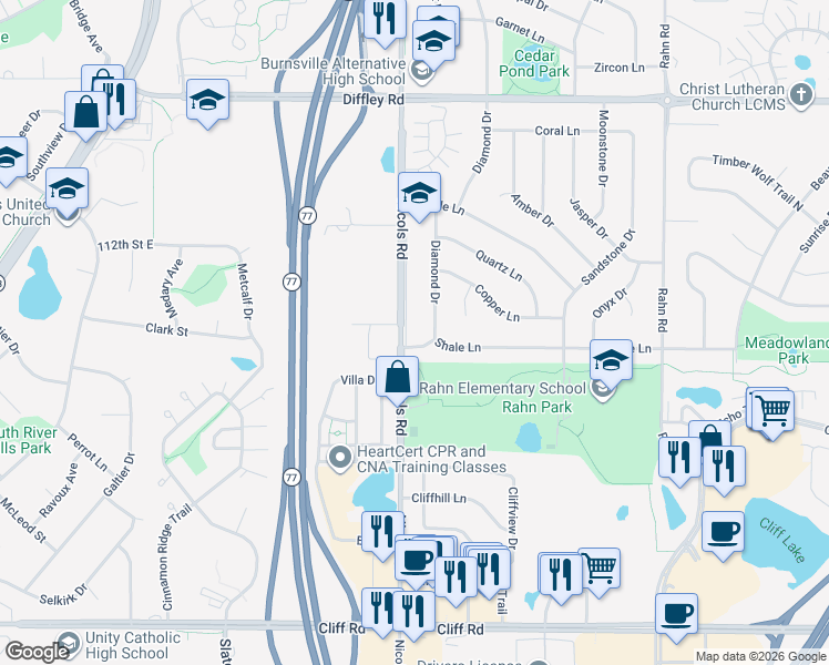 map of restaurants, bars, coffee shops, grocery stores, and more near 4352 Nicols Road in Eagan