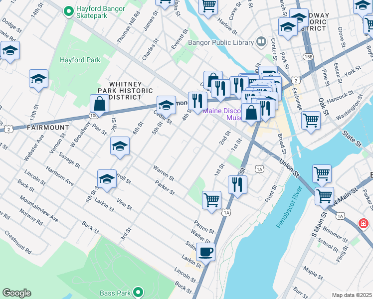 map of restaurants, bars, coffee shops, grocery stores, and more near 54 3rd Street in Bangor