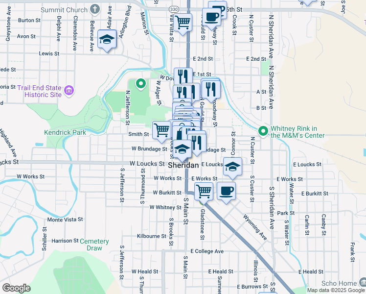 map of restaurants, bars, coffee shops, grocery stores, and more near 150-160 N Main St in Sheridan