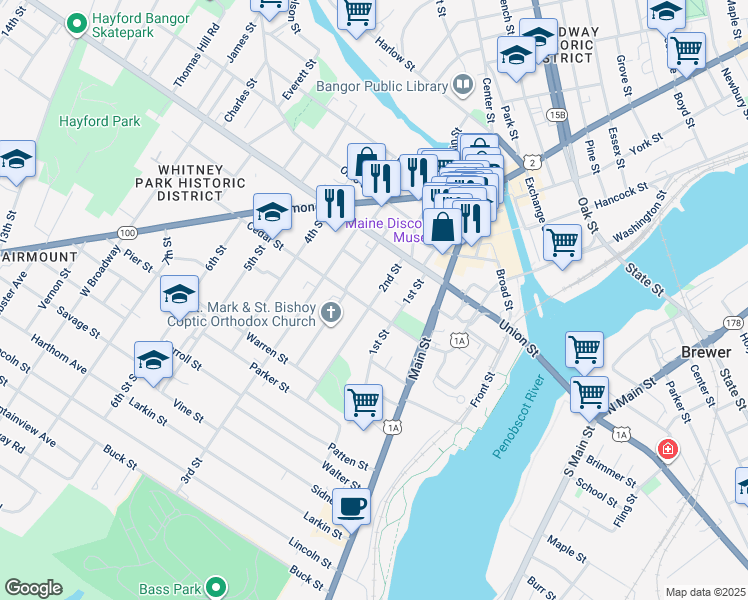 map of restaurants, bars, coffee shops, grocery stores, and more near 28 2nd Street in Bangor