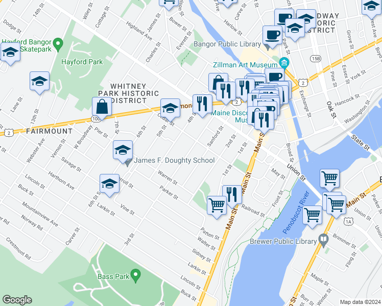 map of restaurants, bars, coffee shops, grocery stores, and more near 54 3rd Street in Bangor