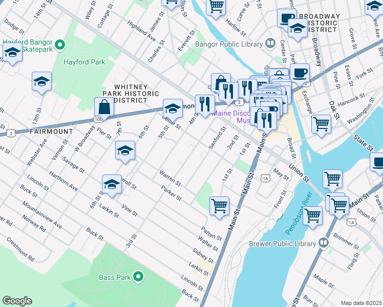 map of restaurants, bars, coffee shops, grocery stores, and more near 54 3rd Street in Bangor