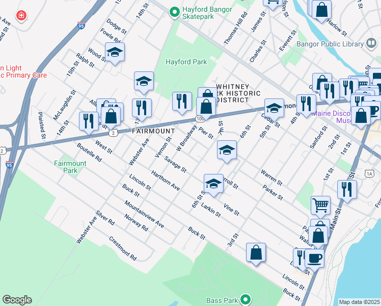 map of restaurants, bars, coffee shops, grocery stores, and more near 43 Bowdoin Street in Bangor