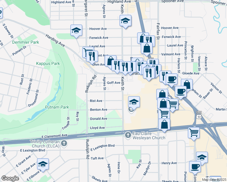 map of restaurants, bars, coffee shops, grocery stores, and more near 1903 Goff Avenue in Eau Claire