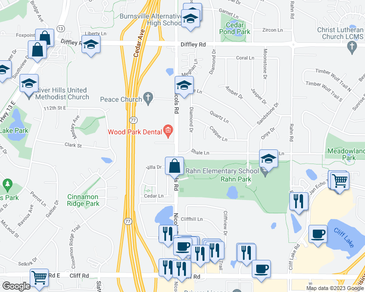 map of restaurants, bars, coffee shops, grocery stores, and more near 4352 Nicols Road in Eagan