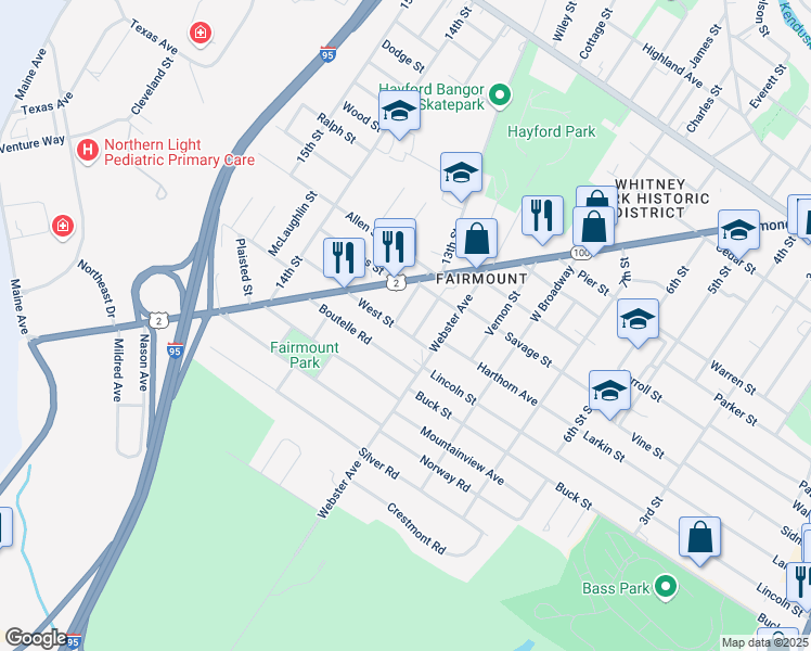 map of restaurants, bars, coffee shops, grocery stores, and more near 16 North Street in Bangor