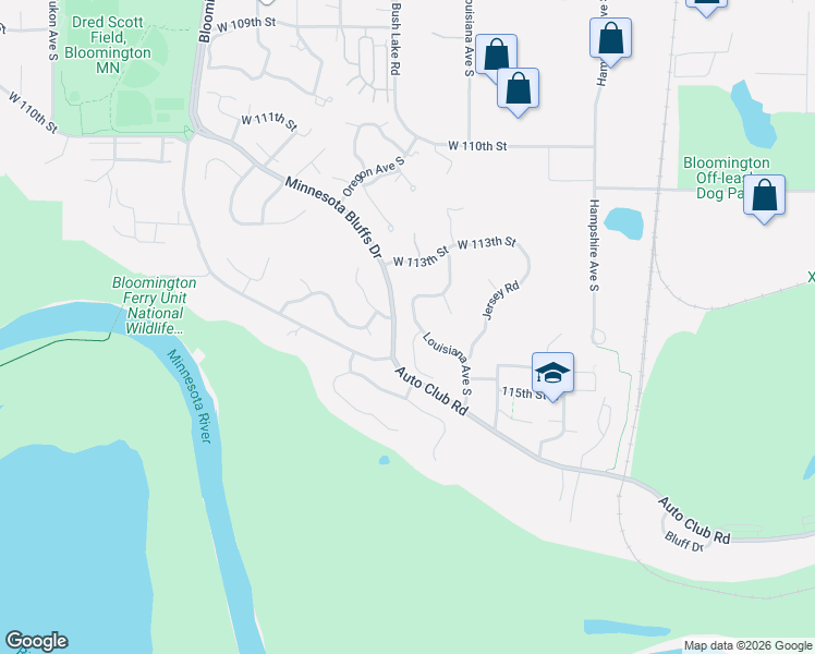 map of restaurants, bars, coffee shops, grocery stores, and more near 11364 Louisiana Avenue South in Bloomington