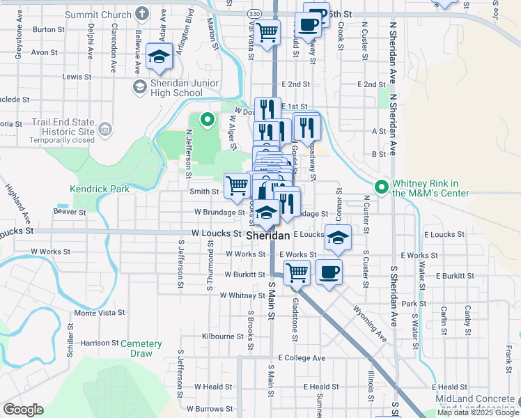 map of restaurants, bars, coffee shops, grocery stores, and more near 150 North Main Street in Sheridan