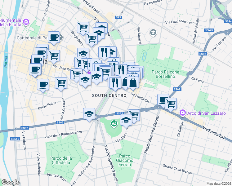 map of restaurants, bars, coffee shops, grocery stores, and more near 25 Viale Punto M. Rossi in Parma
