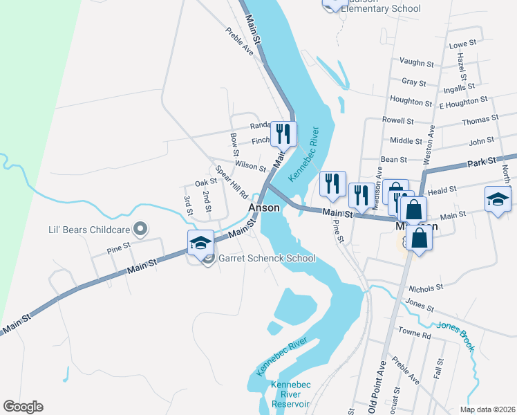 map of restaurants, bars, coffee shops, grocery stores, and more near 3 Main St in Anson