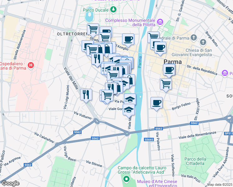 map of restaurants, bars, coffee shops, grocery stores, and more near 104 Strada Nino Bixio in Parma