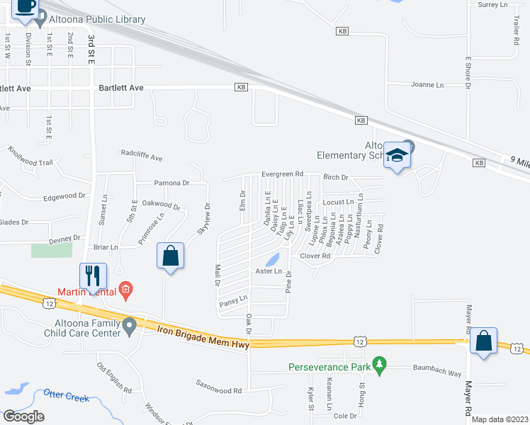 map of restaurants, bars, coffee shops, grocery stores, and more near 330 Dahlia Lane East in Altoona