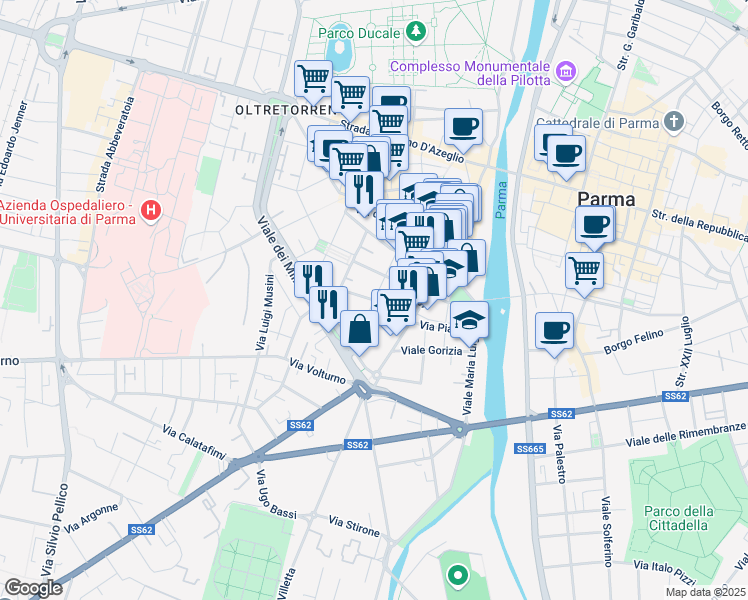 map of restaurants, bars, coffee shops, grocery stores, and more near 12 Via Padre Lino in Parma