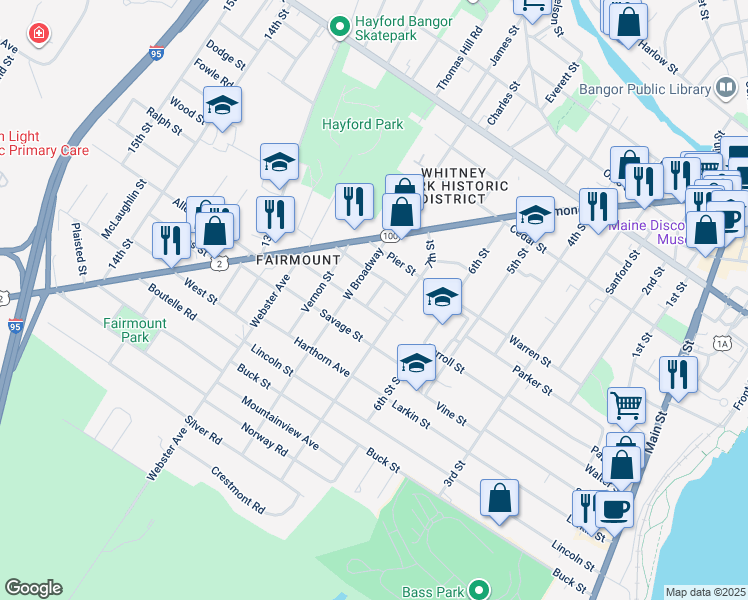 map of restaurants, bars, coffee shops, grocery stores, and more near 43 Bowdoin Street in Bangor