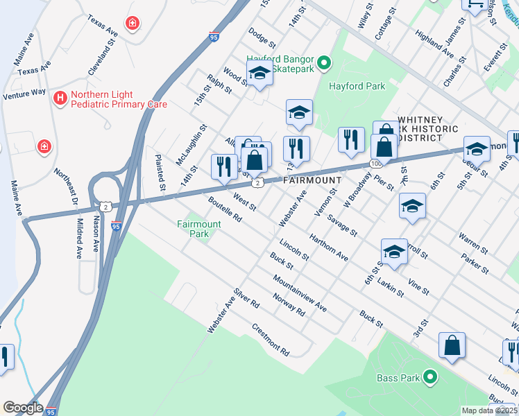 map of restaurants, bars, coffee shops, grocery stores, and more near 16 North Street in Bangor