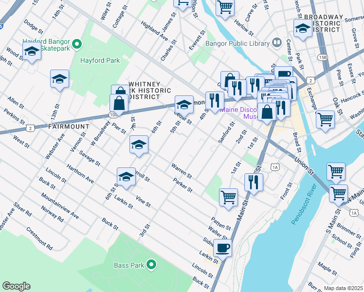 map of restaurants, bars, coffee shops, grocery stores, and more near 88 4th Street in Bangor