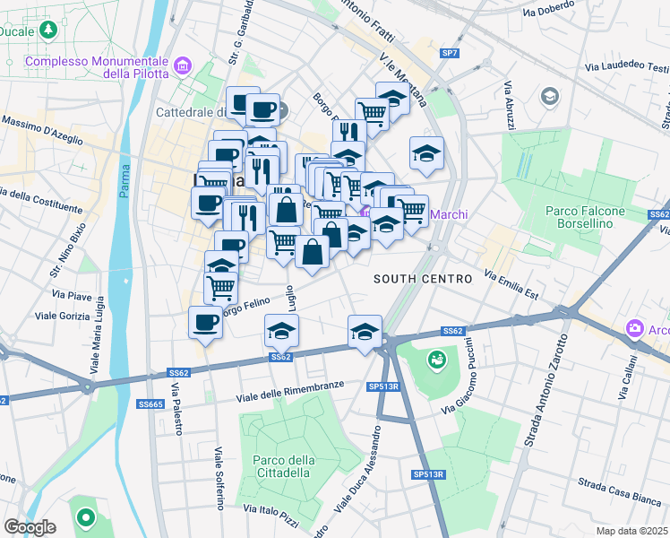 map of restaurants, bars, coffee shops, grocery stores, and more near 16-20 Borgo Collegio Maria Luigia in Parma