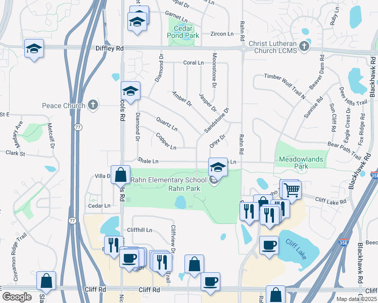 map of restaurants, bars, coffee shops, grocery stores, and more near 2050 Copper Lane in Eagan