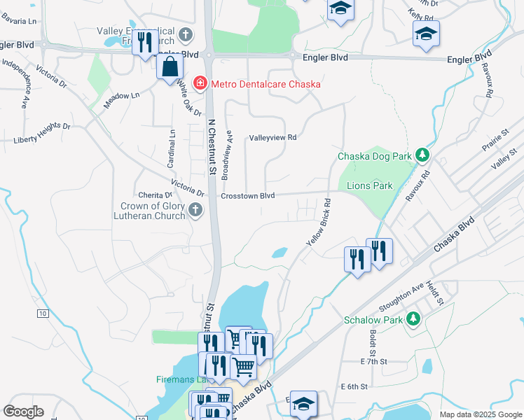 map of restaurants, bars, coffee shops, grocery stores, and more near 305 Crosstown Boulevard in Chaska
